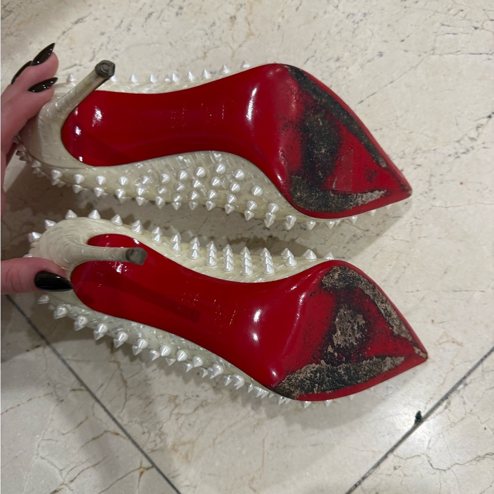Christian Louboutin White Spiked Heels - Picture 2 of 9
